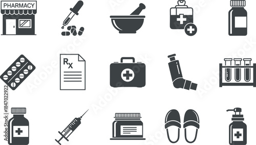 Pharmacy, Medical Healthcare, and Medicine Black Icons Set for Drug Store, Prescription Service, First Aid, and Pharmaceutical Industry