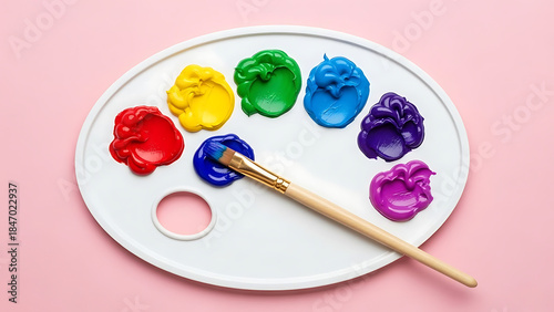 Vibrant paint colors on an artist palette with a paintbrush