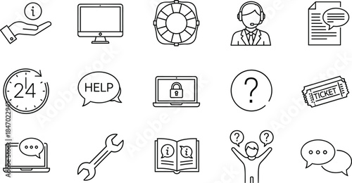Essential Line Icons Set for Customer Support, Technical Assistance, Helpdesk Service, Online Information, and 24-Hour Digital Consultation on Computer Screens