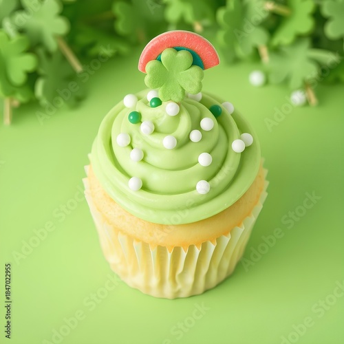 cupcake with green icing and sprinkles
