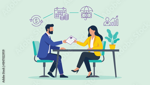 Business professionals exchange documents, discussing finance, planning, and growth