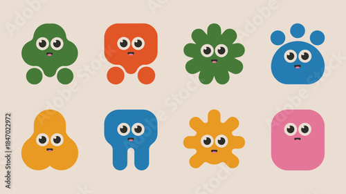 Colorful cartoon blobs with expressive eyes on beige background