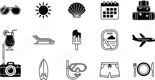 Summer Vacation, Beach Travel, and Holiday Black Icons Set for Leisure, Tourism, Seasonal Activities, and Tropical Getaway Planning