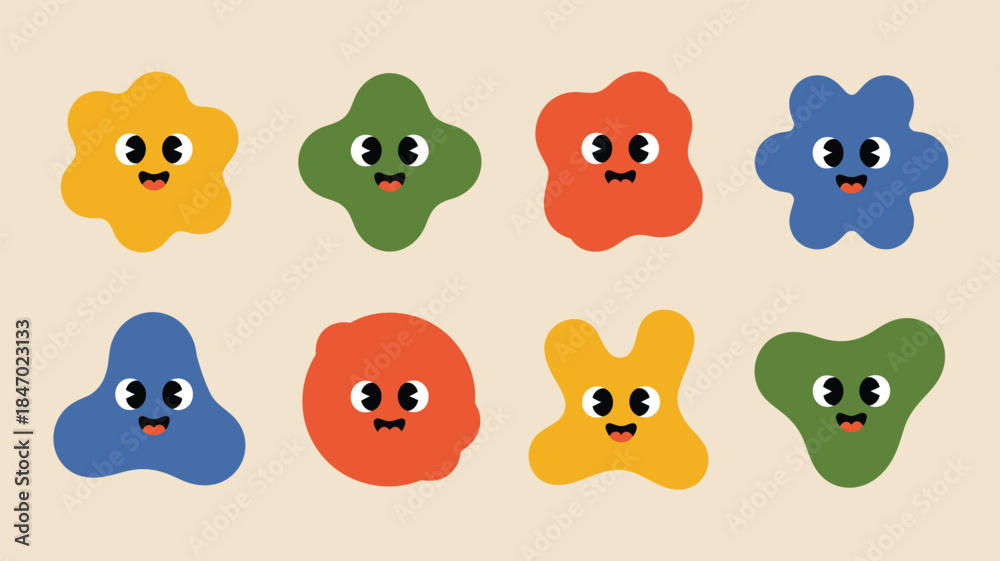 Naklejka premium Colorful cartoon blobs with cute faces and playful expressions