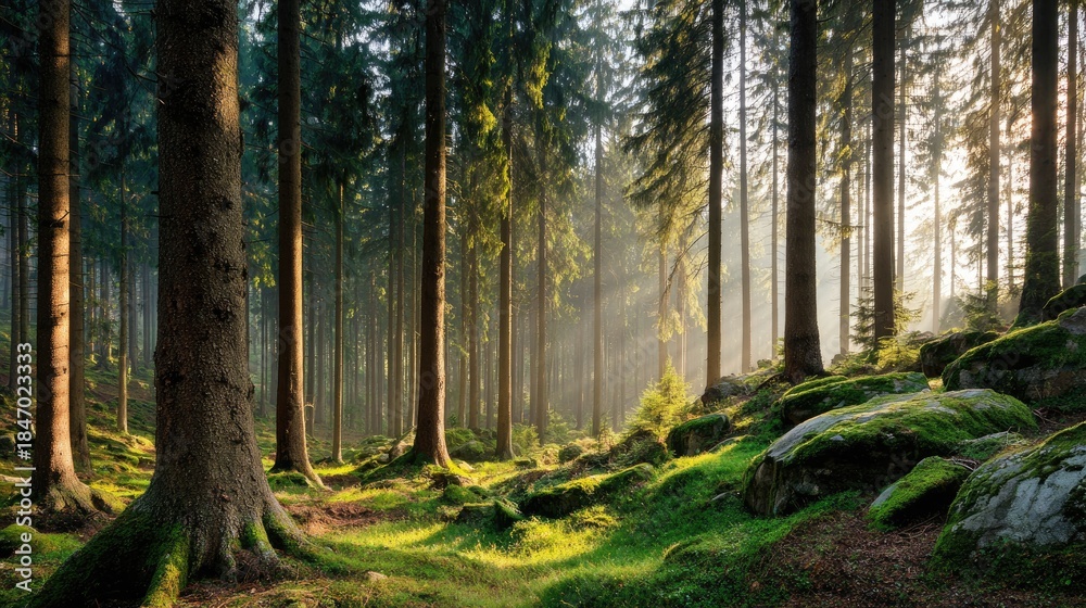 Obraz premium forest at sunrise with soft mist and sunbeams, tranquil mood, no people