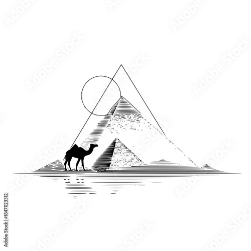 Silhouette of a camel walking in front of the pyramids with a sun and geometric shapes in the background