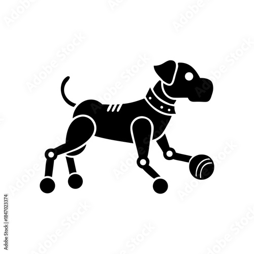 Sleek black robot dog playing with a ball, a futuristic pet technology concept.