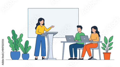 Team collaboration in office, a presenter with whiteboard and laptop users