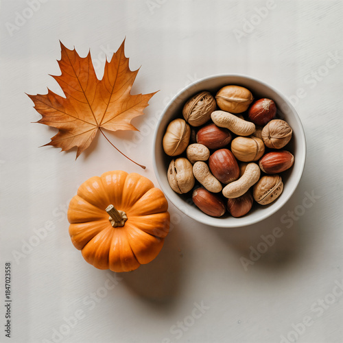 Wallpaper Mural "Autumn Still Life with Small Pumpkin, Mixed Nuts Bowl and Maple Leaf on White Table — Harvest Snack and Fall Mood" Torontodigital.ca