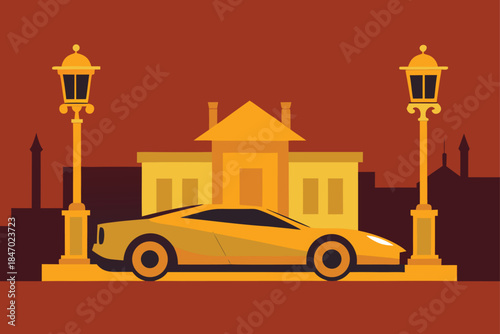 Gold Supercar Parked Beneath Vintage Lamp Posts at Night