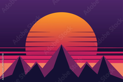 Glowing Horizon Behind Jagged Mountain Peaks in Soft Vector Style