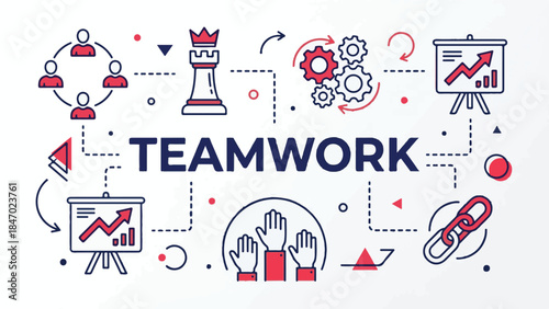 Teamwork Business Strategy and Collaboration Concept Line Art Illustration