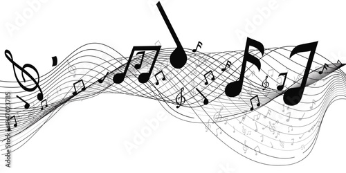 Musical note wave. Music notes melody on white background. waves of musical notes and songs .