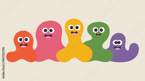 Colorful blob characters with expressive eyes and faces