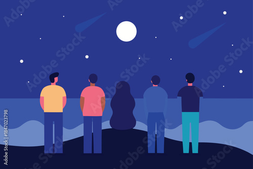 Group of Friends Stargazing on a Moonlit Beach