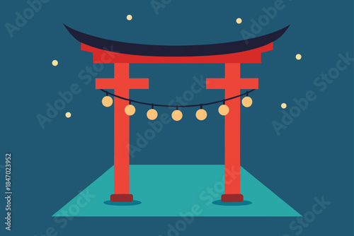 Japanese Garden Path with Torii Gate and String Lights
