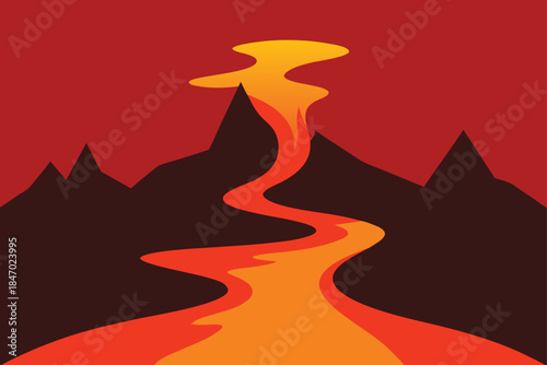 Lava River Flowing from Volcano Through Jungle Reflections