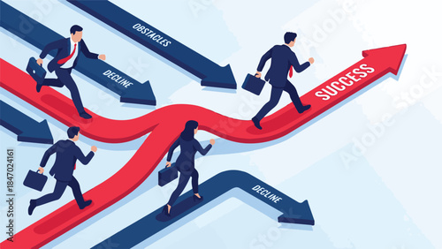People walking on different paths towards success and decline