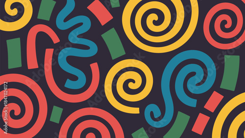 Vibrant swirling shapes in red, blue, and yellow on dark background