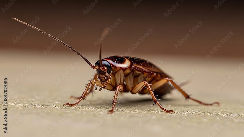 Naklejka premium Detailed macro photography of a brown cockroach on a textured surface, showcasing its segmented body and long antennae with sharp focus and natural lighting.