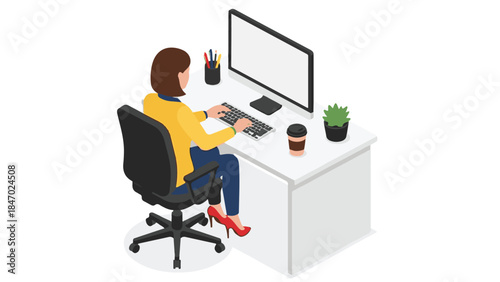 Isometric illustration of a woman working on a computer at her office desk