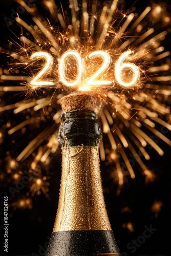 Champagne bottle with 2026 sparklers celebrating New Year