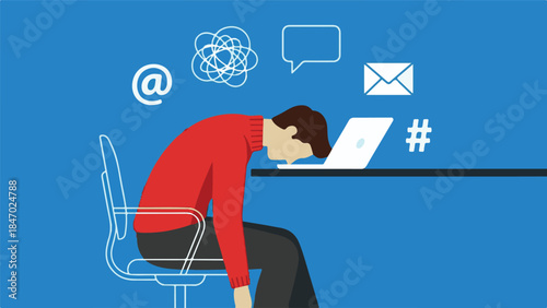 Stressed businessman leaning head on laptop at office desk with icons