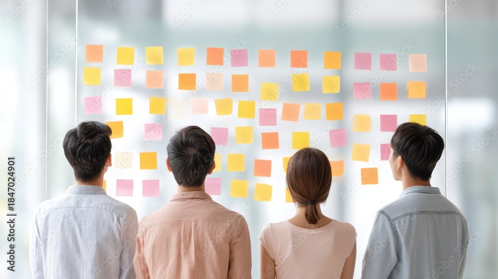 Obraz premium Four people are sitting in a room looking at a wall covered in sticky notes. Business research.