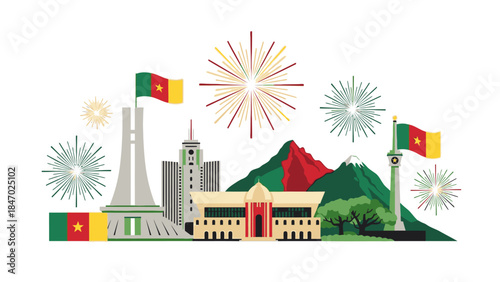 Illustration of a vibrant Cameroonian cityscape with fireworks and flags celebrating a national holiday or independence day with a festive atmosphere.