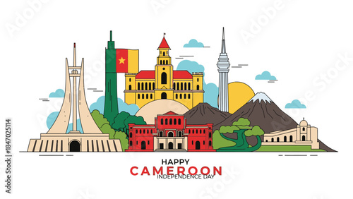 Illustration of various landmarks and buildings with a 'Happy Cameroon' text on a white background, conveying a celebratory mood with vibrant colors.