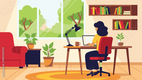 Woman working on laptop at home office desk with plants and window view