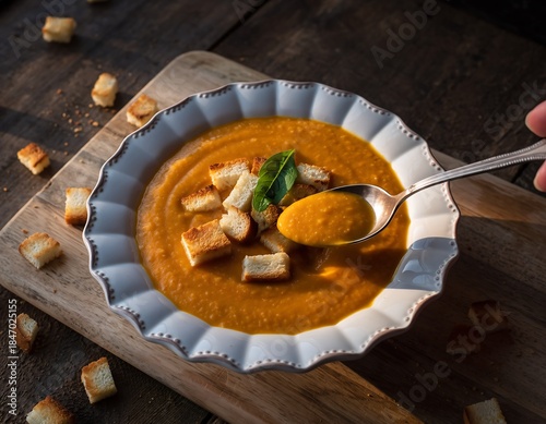 Warm Creamy Butternut Squash Soup with Crispy Croutons & Fresh Herbs | Delicious Autumn Harvest Meal