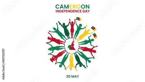 Graphic illustration of diverse people forming a circle on Cameroon's Independence Day, May 20, with colorful silhouettes and national flag colors.