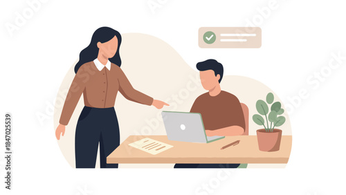 Business colleagues collaborating, woman instructing man on laptop in office