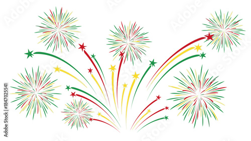 Colorful Christmas fireworks exploding in the air with vibrant red, green, and yellow streaks and stars on a white background.