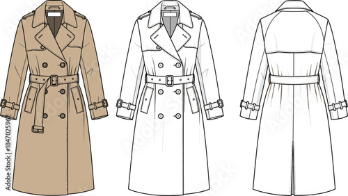 Women's classic trench coat technical drawing, vector illustration of double-breasted beige outerwear with belt, showing front and back views, isolated.