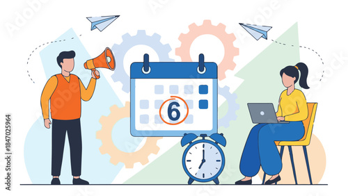 Business people managing tasks, schedules, and communication with icons