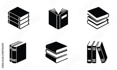 Six Black Book Icons on White Background