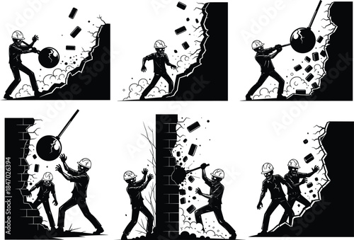 Wrecking ball demolishing brick wall, construction workers in action, black and white vector illustration, destruction process, teamwork, barrier breaking, metaphorical concept