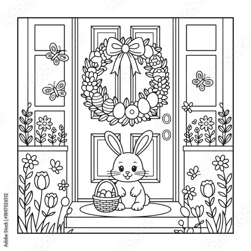 Happy Easter! Black and white coloring pages for teens, adults, and kids featuring Easter elements.