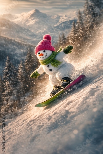 A playful snowman expertly snowboards down a breathtaking snowy slope amid stunning mountainous scenery.