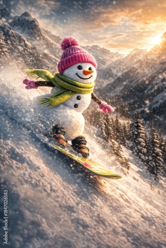 A cheerful snowman snowboards down a snowy mountain slope, surrounded by winter scenery and sunset hues.
