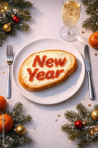 Celebrate the new year with a festive toast featuring decorated bread and sparkling glass, surrounded by holiday decor.