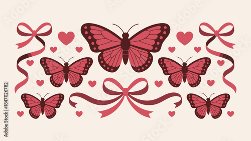 Whimsical pink butterflies and hearts with ribbons