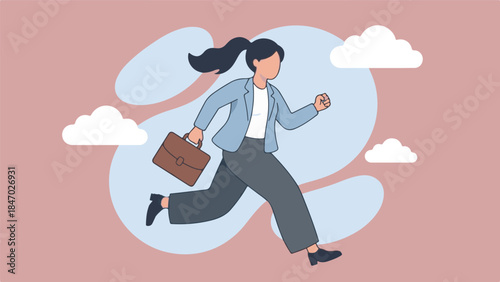 Businesswoman running with briefcase, embodying ambition and career urgency
