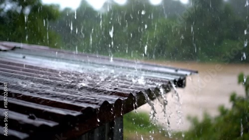 Heavy Rain Pounding on a Corrugated Metal Roof with Water Overflowing into a Muddy River in Slow Motion