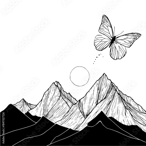 Illustration of a butterfly flying above mountain peaks with a circle in the background in black and white