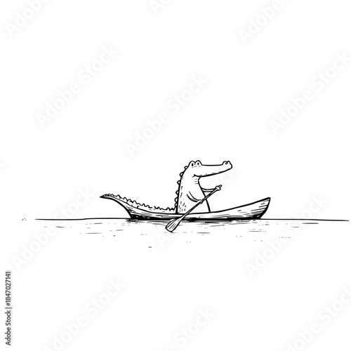 A whimsical illustration of an alligator paddling a canoe on water with a paddle in a black and white style