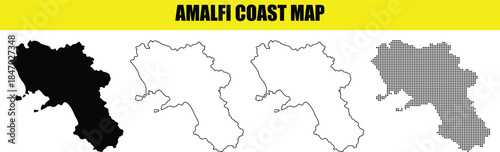Amalfi coast map in four styles black silhouette white contour outline dotted for web and print design projects