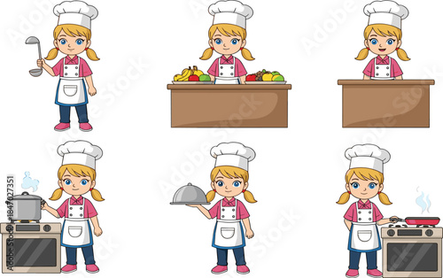 Cartoon girl chef, cooking illustration, kitchen activity, cute child character, culinary art, food preparation, apron, stove, vegetables, ladle